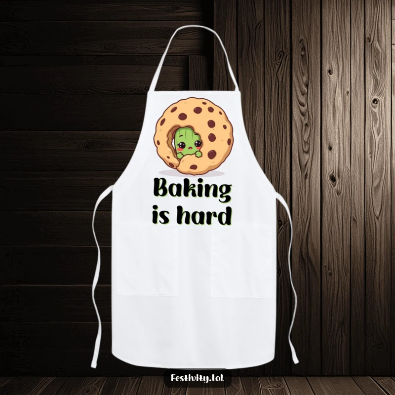 Funny apron with a shy pickle character peeking in surprise behind a giant cookie, great for chefs and home cooks.