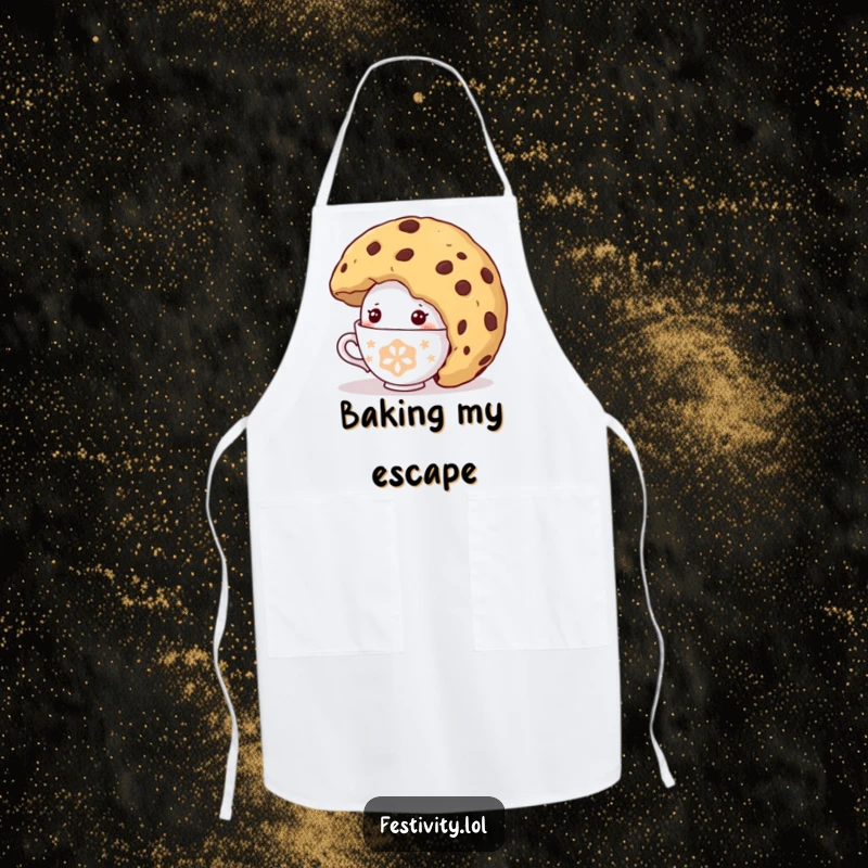 Funny Shy Teacup Apron: An apron with a shy teacup character comically peeking from under a giant cookie, ideal for a humorous kitchen.