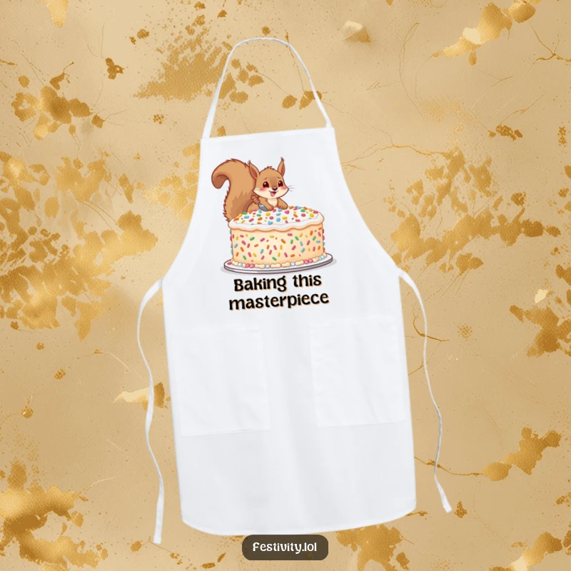 Funny apron depicting a happy squirrel decorating a massive cake with oversized sprinkles, perfect for humorous baking sessions.