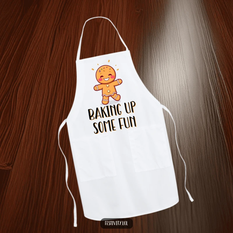 Funny Gingerbread Man Jig Apron showing a grinning gingerbread man character dancing joyfully, perfect for cooks who love a sprinkle of humor while baking.