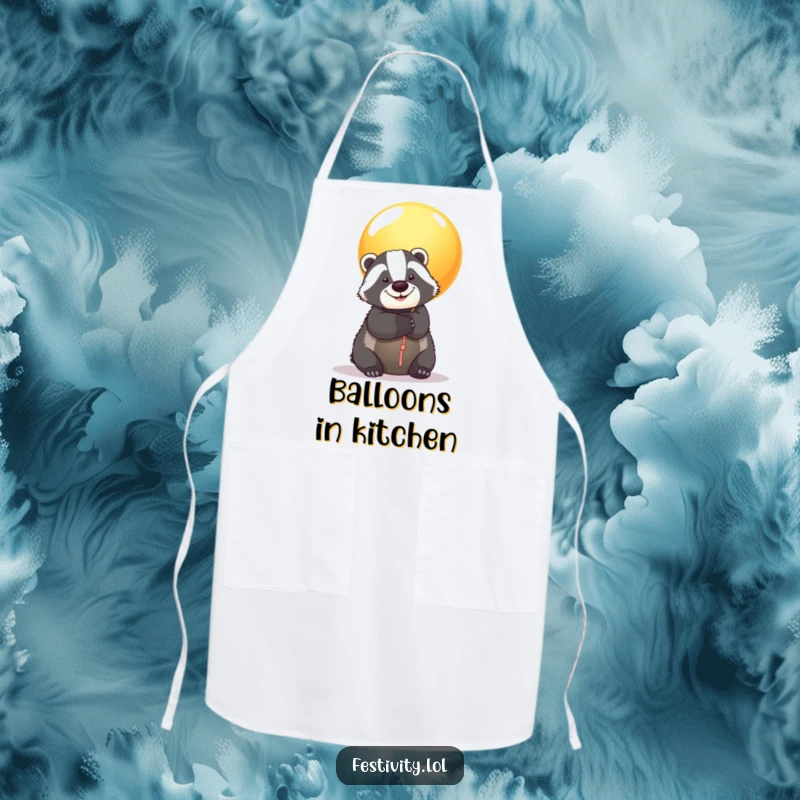 Funny Badger Balloon Apron: A smiling badger hugs a huge balloon, designed for fun kitchen use and spreading heartwarming cheer.