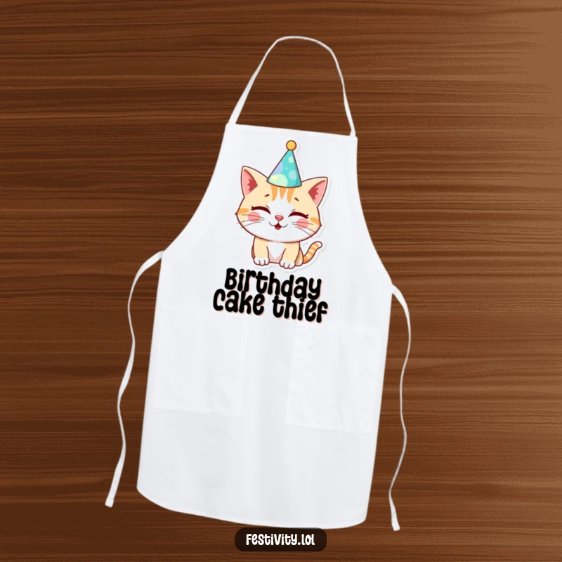 Funny Cat Birthday Apron: A cheerful cat winks in a silly hat, designed for fun kitchen use and adding a festive vibe.