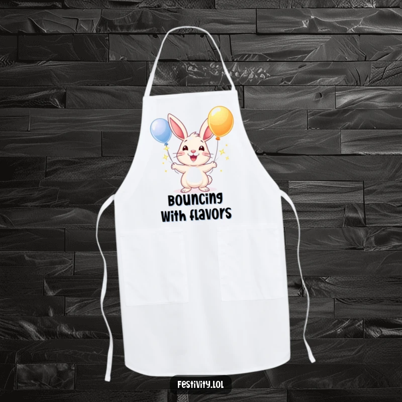 Funny apron showcasing a happy rabbit juggling sparkling balloons with a wide grin, making cooking a delightful experience.