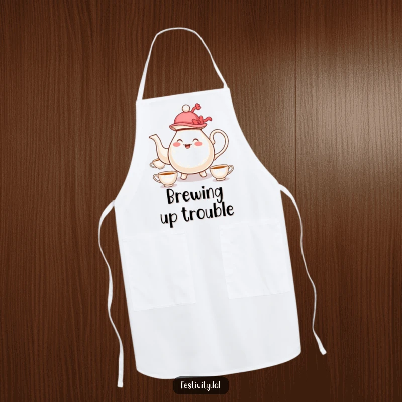 Funny apron with a whimsical teapot in a hat merrily juggling teacups, great for kitchen use.