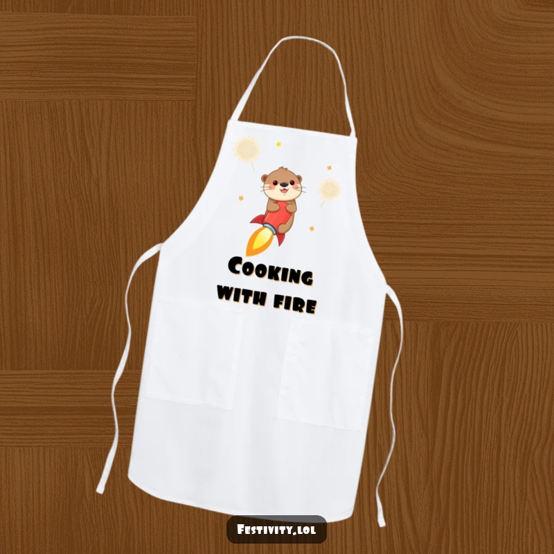 Funny otter apron showing a cheerful otter riding a firecracker like a rocket into the sky, ideal for adding humor to kitchen activities.