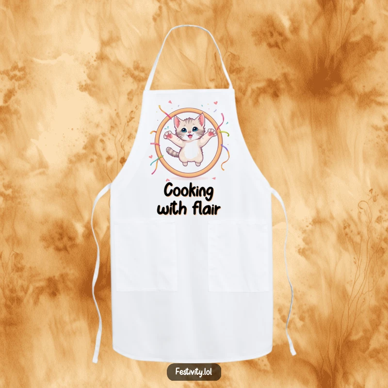 Funny apron depicting a curious kitten leaping through a giant hoop adorned with streamers.