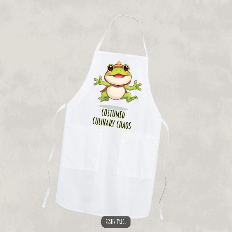 Funny Frog Apron: A silly frog in costume leaps with enthusiasm, ideal for a humorous and fun cooking experience.