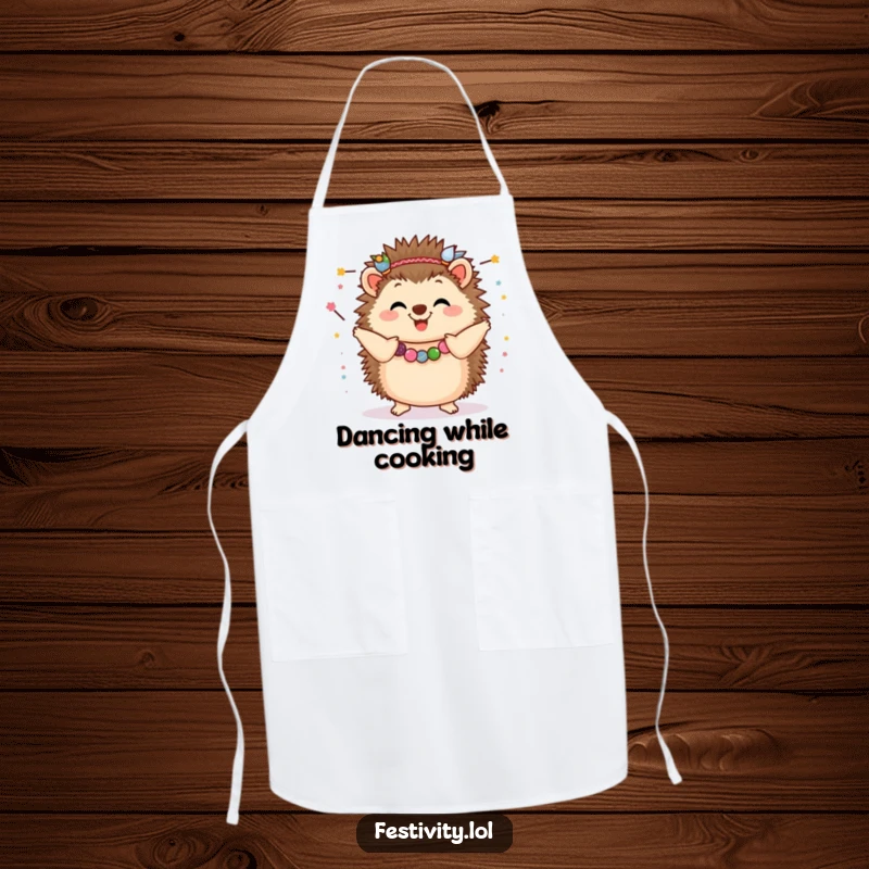 Funny Hedgehog Apron: A happy hedgehog dancing with garlands, ready to host a festive and funny kitchen party.