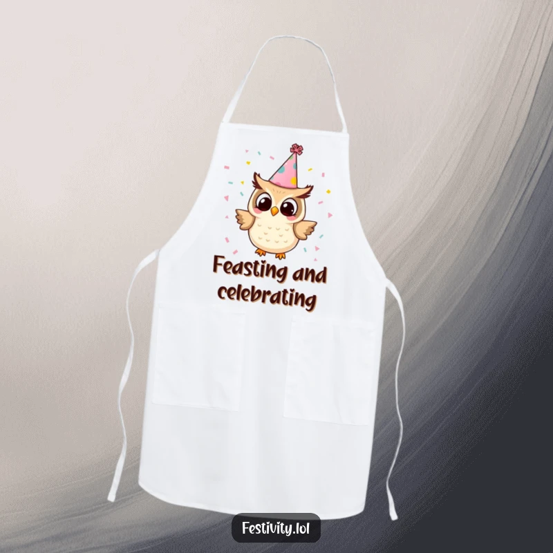 Funny owl apron featuring a tiny owl in a party hat releasing confetti, perfect for adding a humorous and festive touch to cooking.