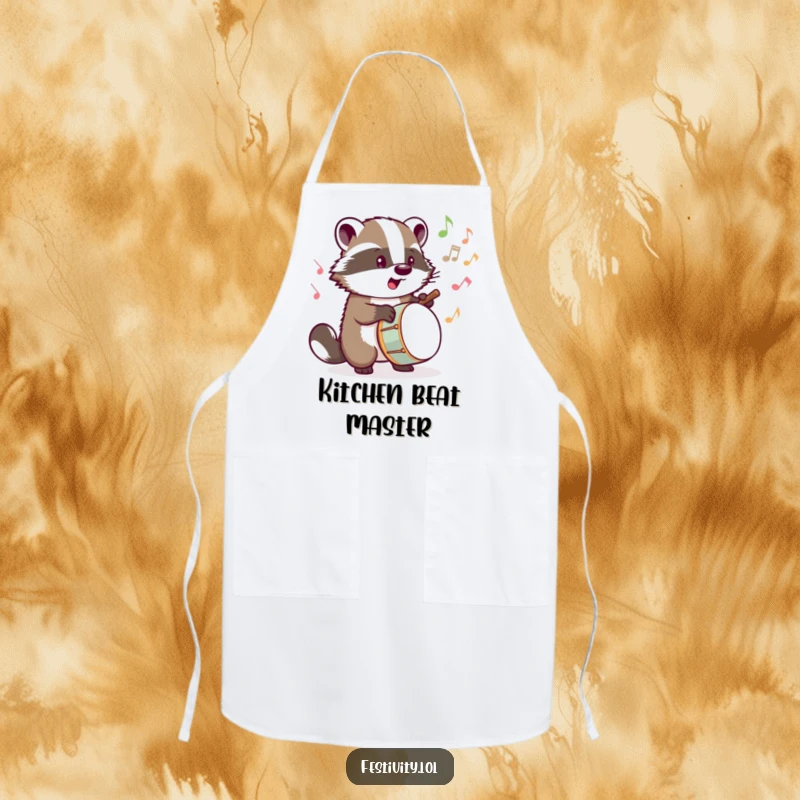 Funny apron with a determined badger energetically drumming, musical notes bursting forth, ideal for musical chefs.