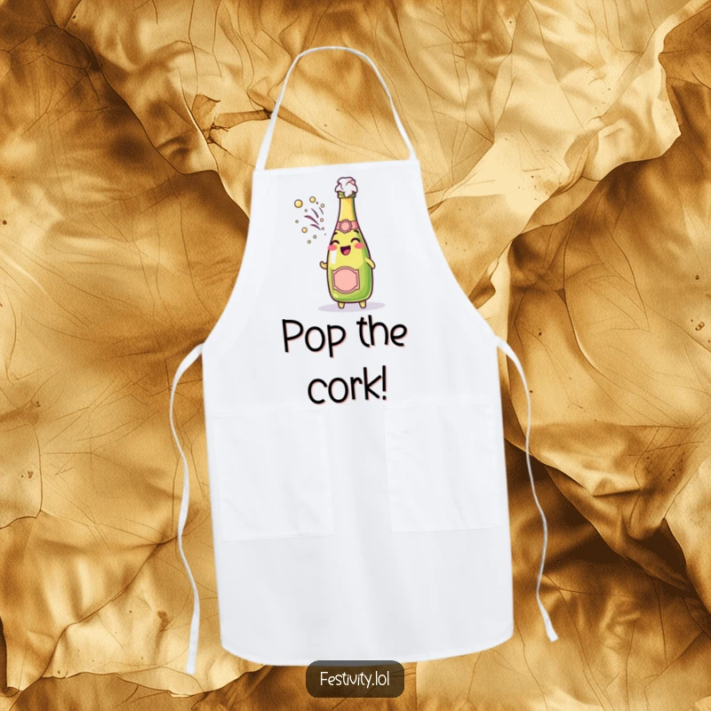 Funny cheerful champagne bottle character spraying bubbly foam on a festive baking apron.