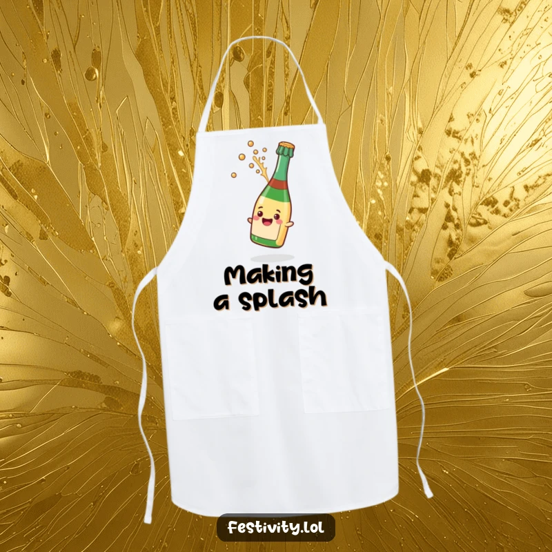 Funny apron showing a champagne bottle popping its cork with a celebratory splash, ideal for kitchen parties and cooking.