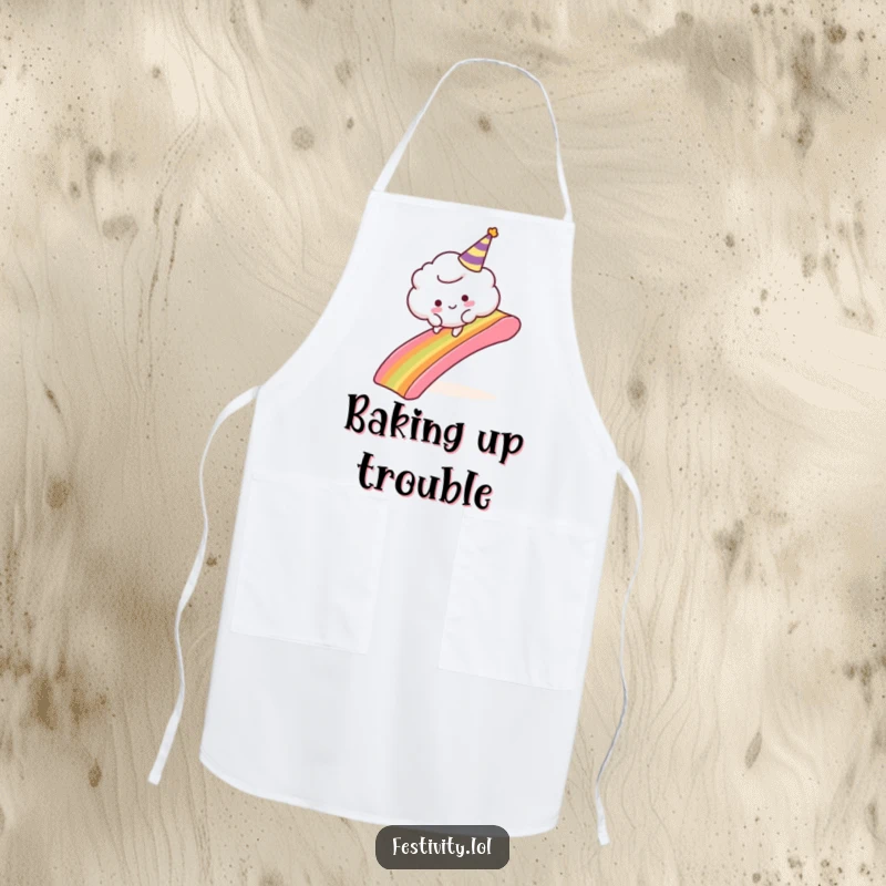 Funny Cloud Adventure Apron: An apron with a fluffy cloud character comically tripping over a rainbow slide, ideal for a humorous kitchen.