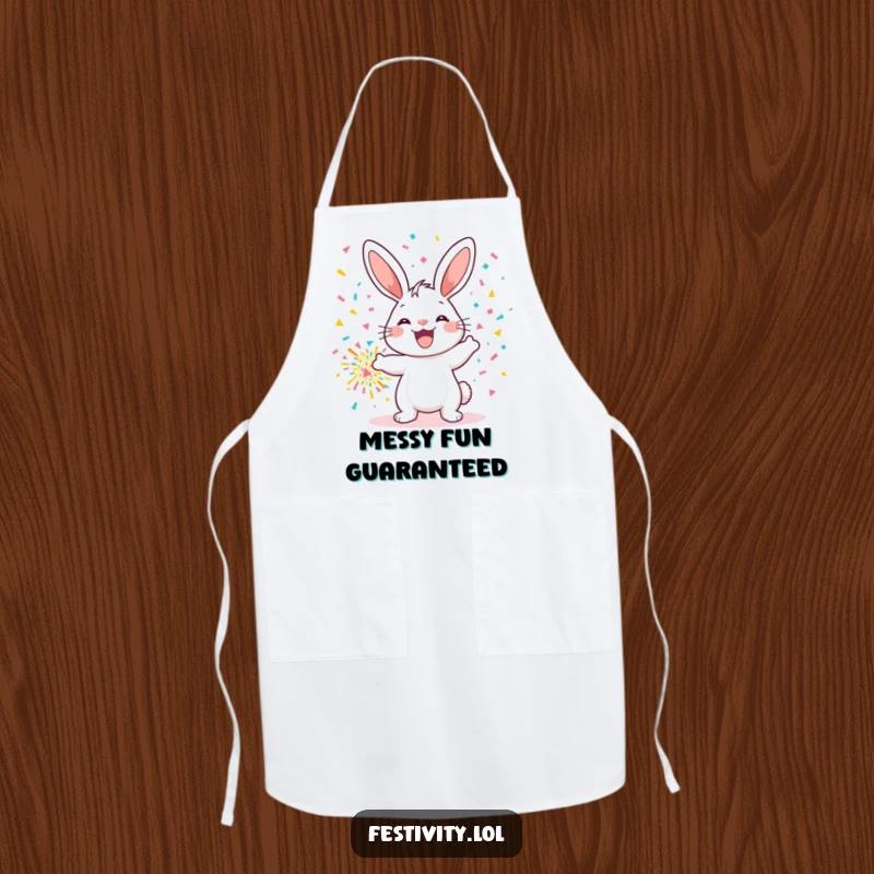 Funny apron featuring a smiling bunny launching a giant confetti bomb, perfect for adding humor to cooking and baking.