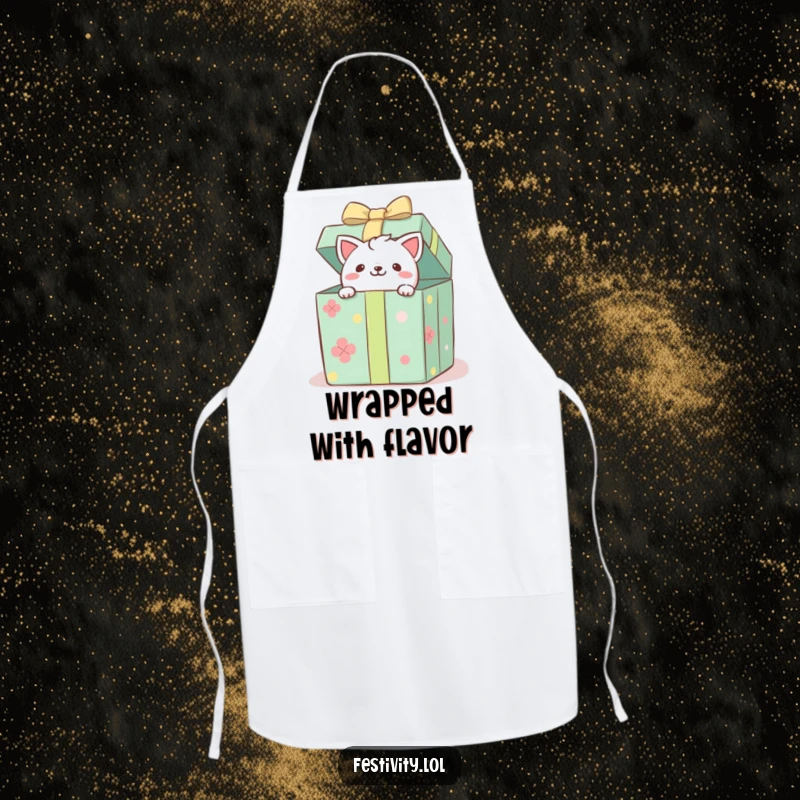 Funny apron featuring a playful critter peeking from a gift box, perfect for kitchen antics and humorous protection.