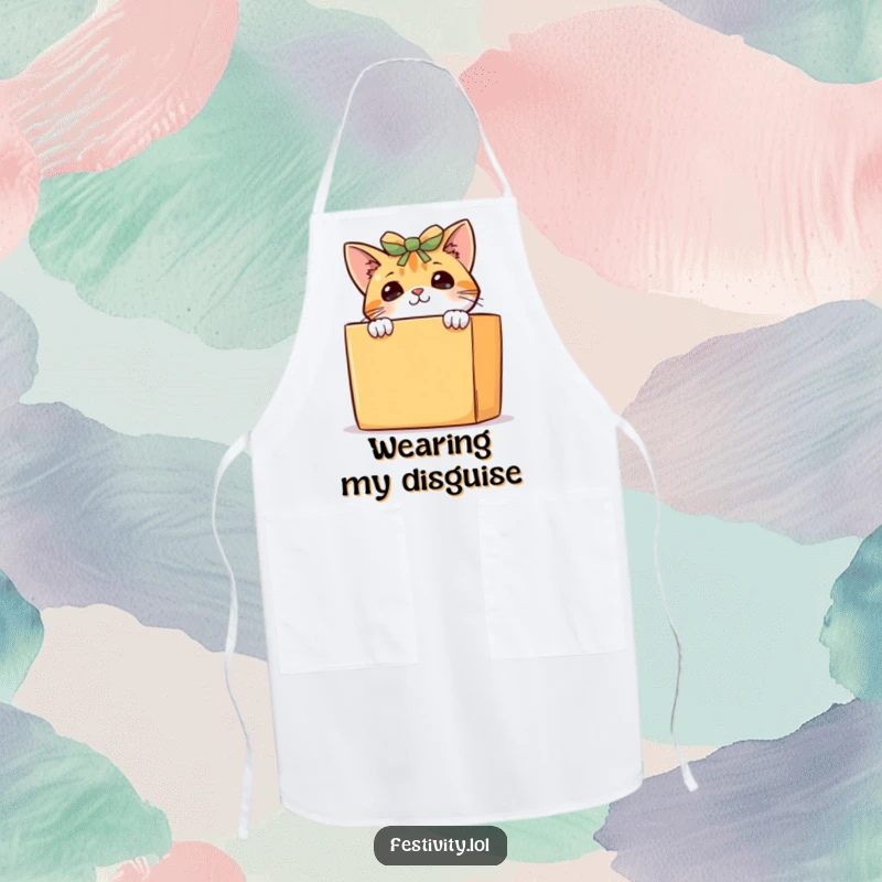Funny curious cat apron, a sneaky kitten peeking from behind a large gift box, ideal for kitchen fun and cooking.