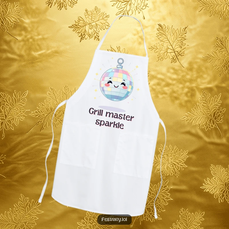 Funny apron with a satisfied disco ball character scattering beams of light with a happy twinkle, ideal for a fun cook.