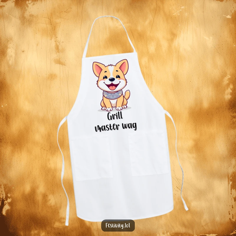 Funny apron: A smiling dog with a festive glitter collar and wagging tail, bringing cheerful humor to kitchen tasks.