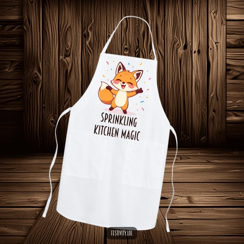 Funny apron showcasing a fox dancing exuberantly, with confetti showering down, making kitchens a festive and cheerful place.