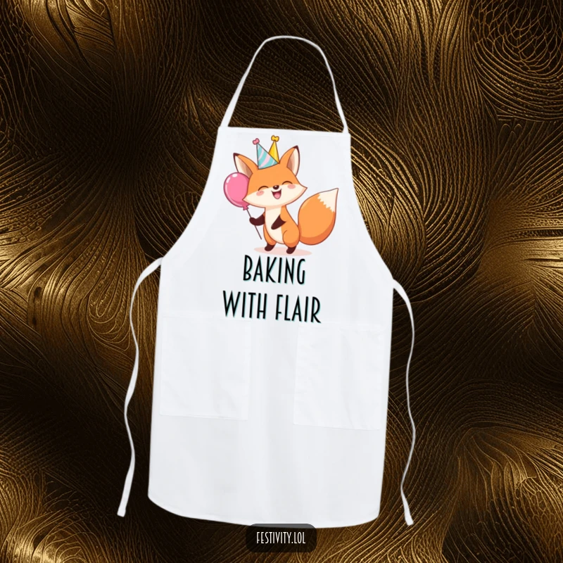 Funny apron depicting a giggling fox wearing a party hat and bouncing a giant balloon, perfect for humorous cooking.