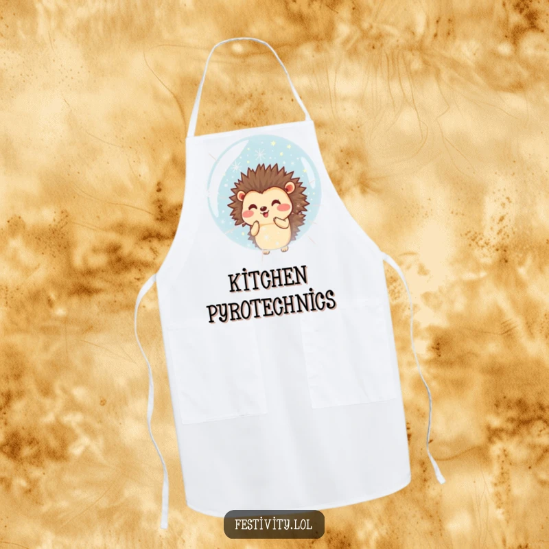 Funny apron with a smiling hedgehog blowing a large bubble of tiny fireworks, ideal for festive cooking.