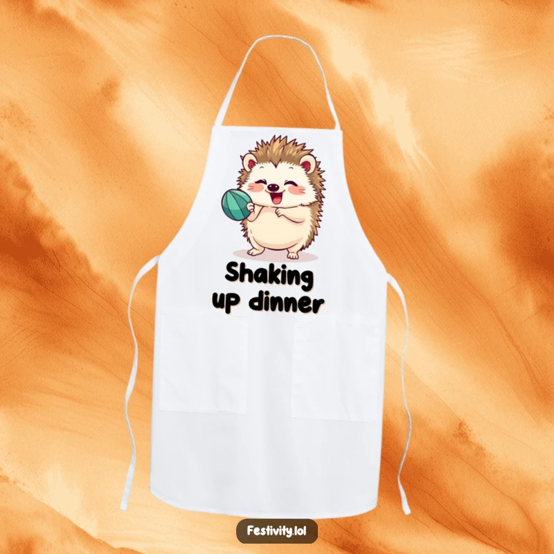 Funny hedgehog wearing an apron, enthusiastically shaking a maraca while cooking, bringing festive cheer to the kitchen.