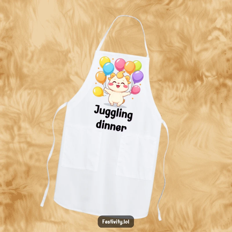Funny joyful creature juggling colorful balloons on a functional and cheerful apron.