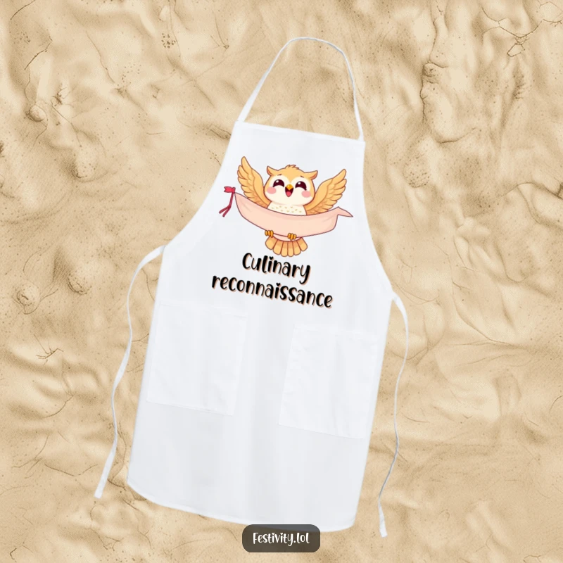 Funny owl apron, a joyful messenger bird soaring with a banner, ideal for chefs and home cooks.
