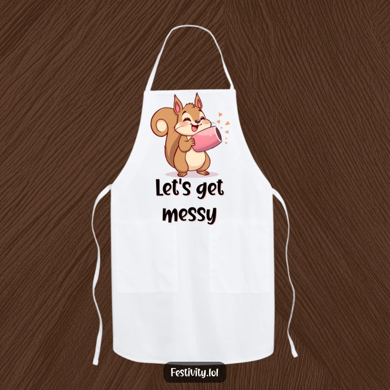 Funny apron featuring a delighted squirrel about to pop an oversized party popper, humorous kitchen essential.