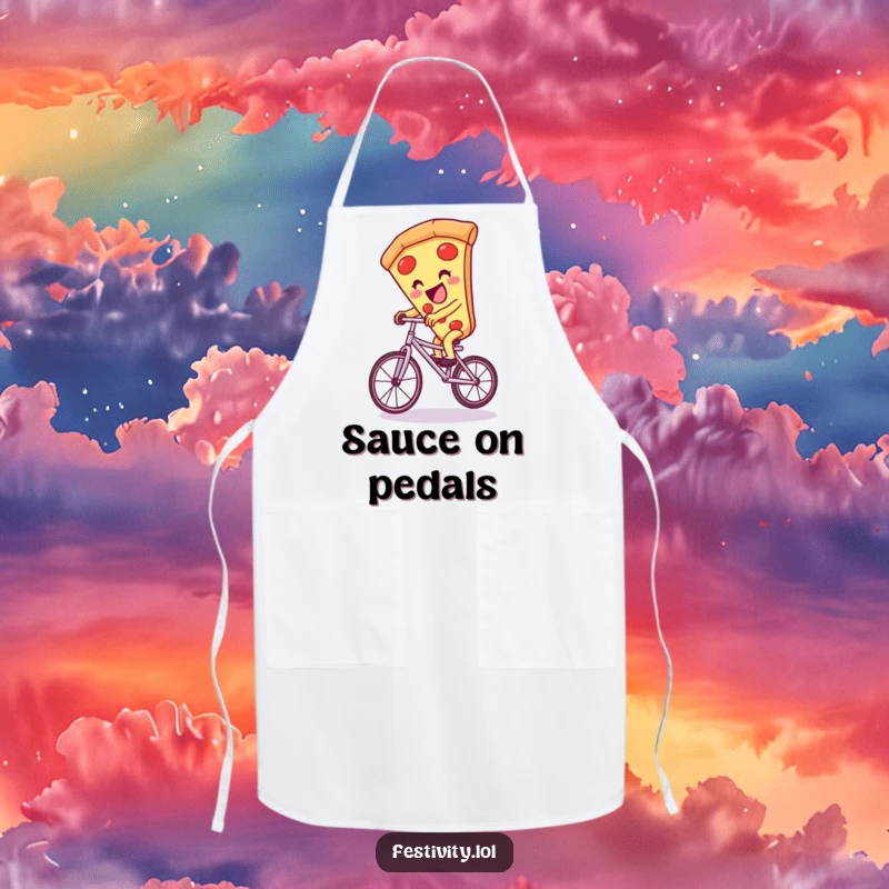 Funny pizza slice character giggling on a unicycle, adorning a practical and funny apron for cooking.