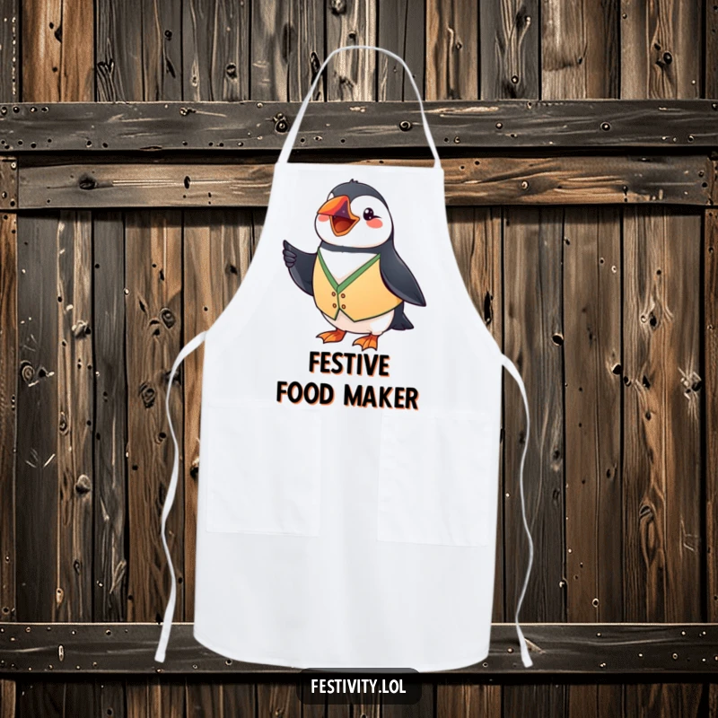 Funny Puffin Apron: A grinning puffin wears a festive vest and waves a tiny flag, ideal for a humorous cooking experience.