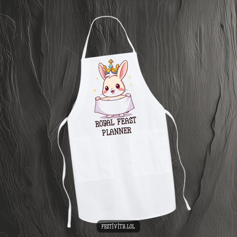 Funny rabbit apron featuring a cheerful rabbit wearing a crown and holding a sparkling banner, perfect for adding royal flair to cooking.