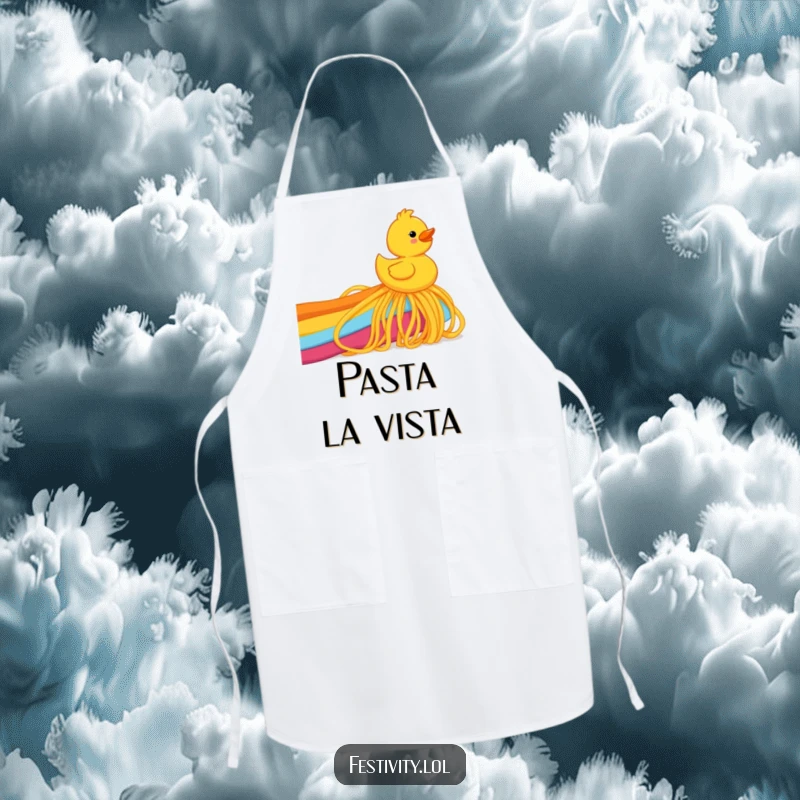 Funny rubber ducky joyfully sliding down a rainbow made of spaghetti, depicted on a practical apron for kitchen amusement.