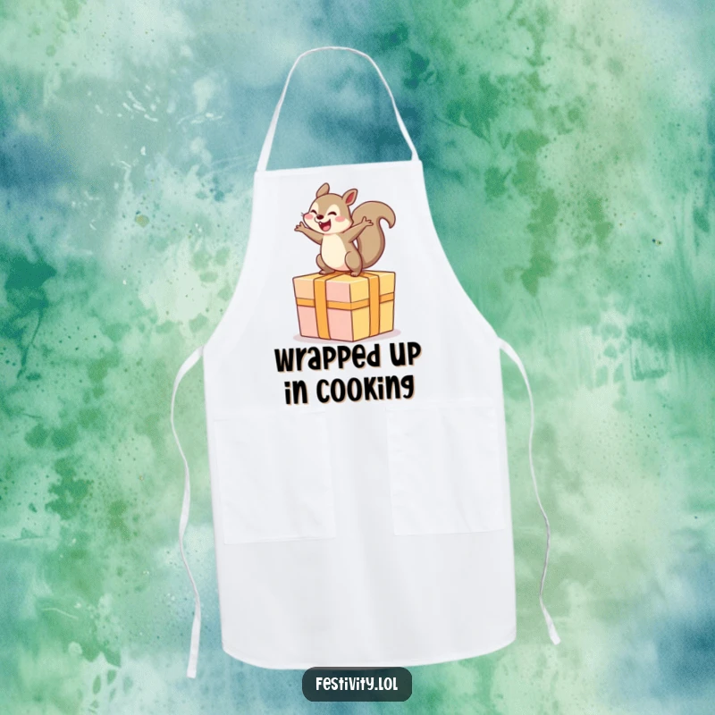 Funny apron with a delighted squirrel energetically bouncing on a giant, celebratory present.