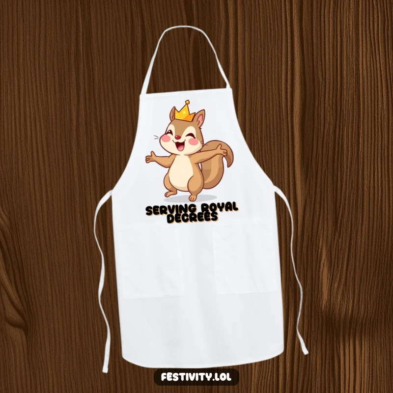 Funny apron with a joyful squirrel dancing under a sparkling crown, ideal for a humorous and regal cooking experience.