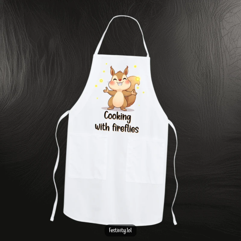 Funny squirrel apron showing a determined squirrel juggling glowing fireflies with a wide grin, ideal for adding humor to cooking tasks.