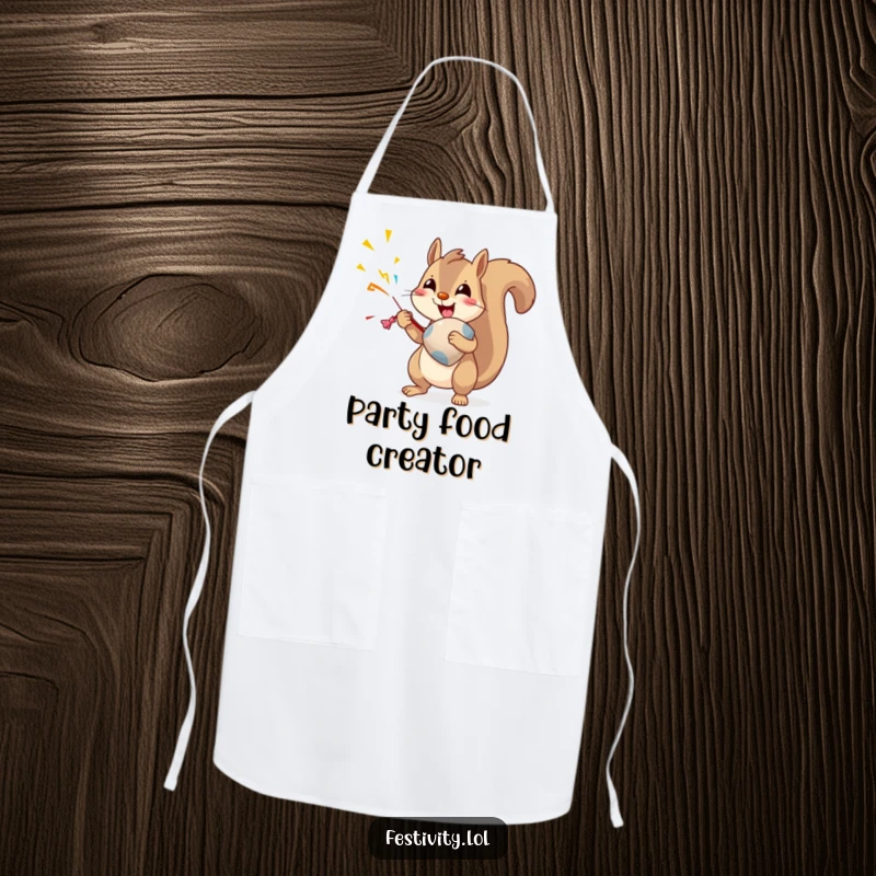 Funny Squirrel Apron: A delighted squirrel holds an oversized party popper, ready for a humorous cooking or baking session.
