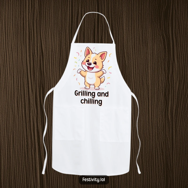 Funny apron featuring a happy dog dancing joyfully with streamers, humorous kitchen essential for cooks.