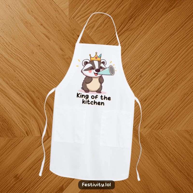 Funny apron depicting a delighted badger wearing a silly crown and blowing a giant party horn, perfect for humorous cooking.