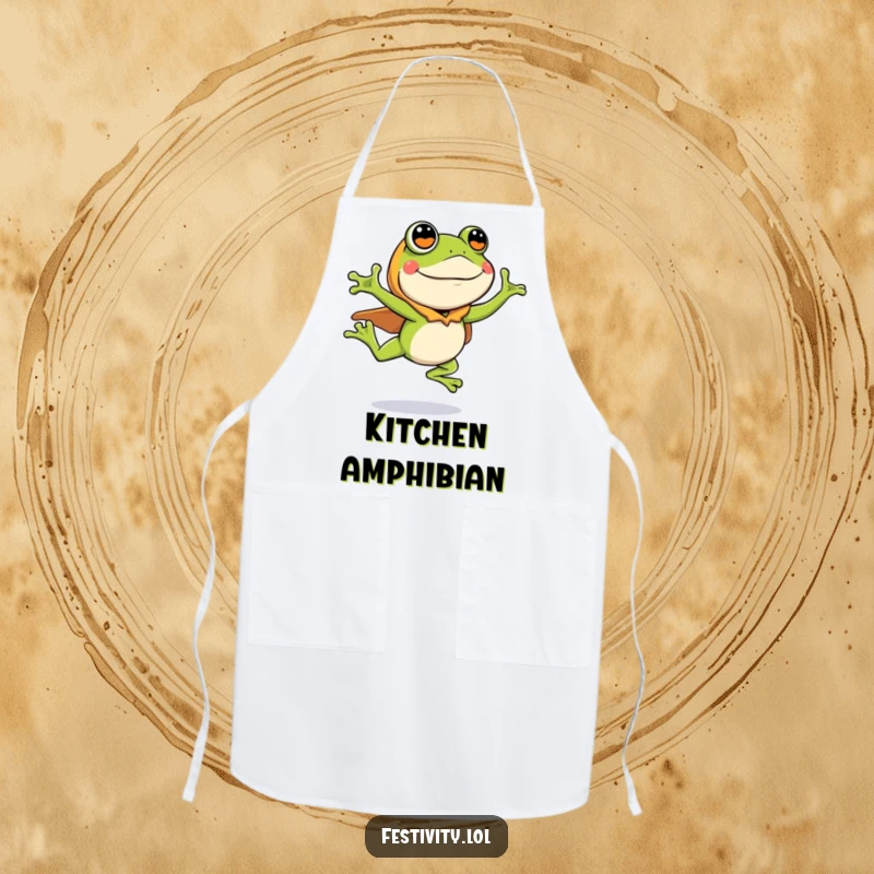 Funny apron featuring a silly frog wearing a costume, leaping with great enthusiasm, humorous kitchen essential.