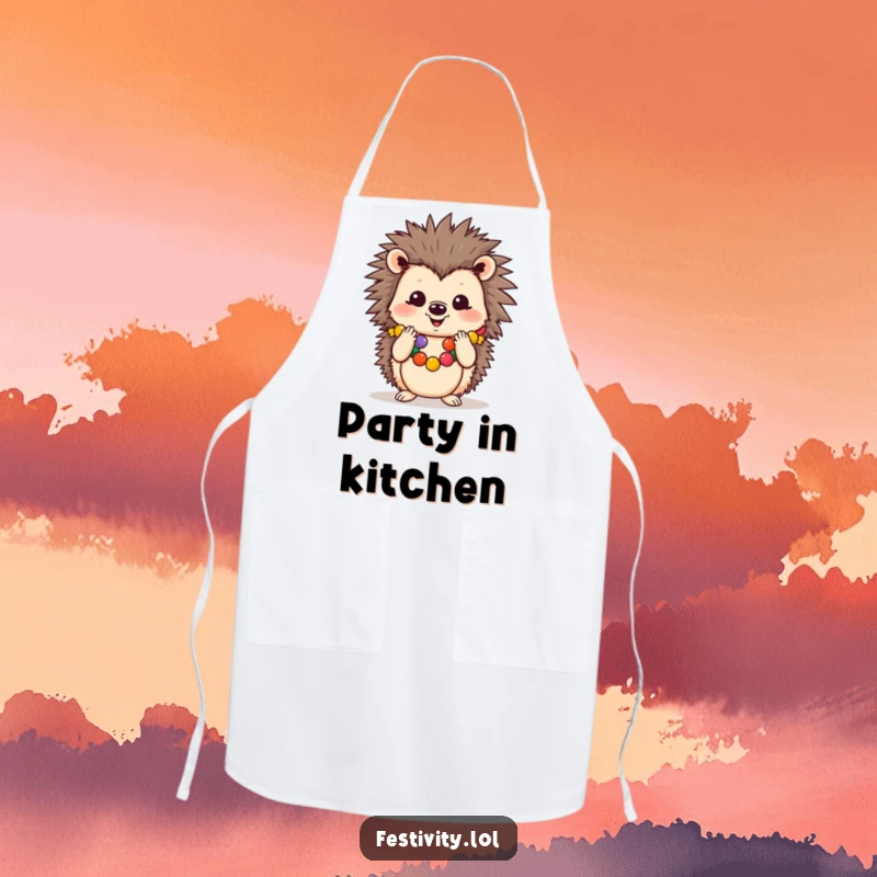 Funny apron with a cheerful hedgehog wearing a festive garland and clapping its paws, perfect for festive cooking.