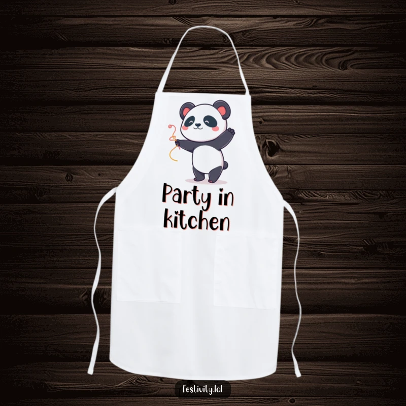 Funny Panda Dancer Apron: A happy panda dances with a streamer, designed for fun kitchen use and adding a cheerful vibe.