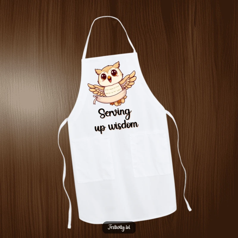 Funny owl apron, a joyful owl soaring with a banner, perfect for kitchen adventures and messages.
