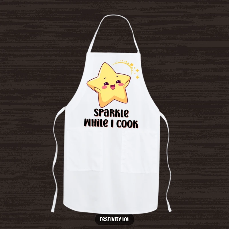 Funny Star Glitter Arc Apron showing a delighted star character creating a dynamic arc of glitter, perfect for cooks who enjoy a bit of cosmic humor.
