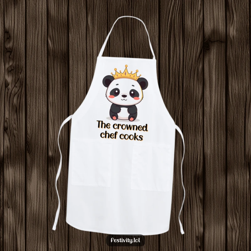 Funny panda wearing an apron and a crown of tiny twinkling lights, cooking with determined pride and regal flair.