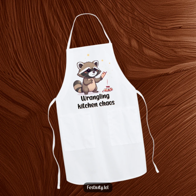 Funny raccoon wearing an apron attempting to juggle sparkling party crackers, bringing playful energy to the kitchen.