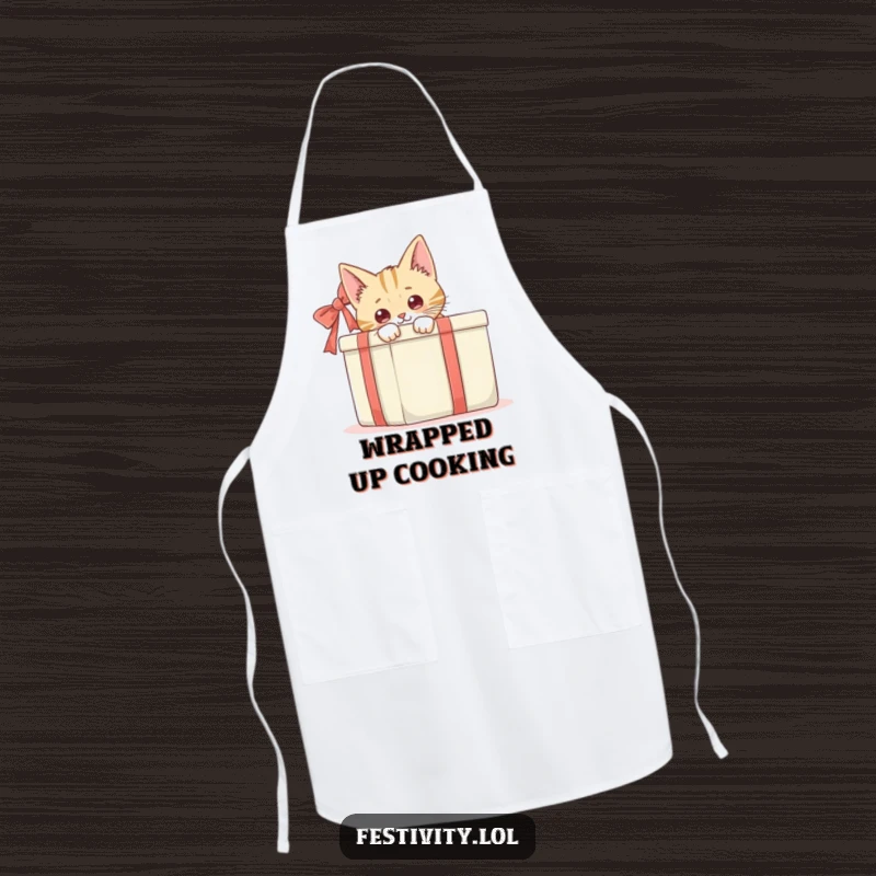 Funny cat peeking from behind a large gift box, a comical and practical apron for kitchen fun and protection.