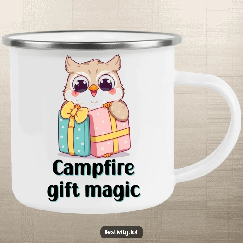 Funny Owl Camping Mug depicts a happy owl unwrapping a huge gift, perfect for sharing joy on adventures.