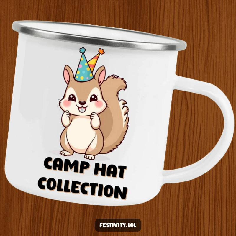 Funny Squirrel Party Hat Camping Mug shows a mischievous squirrel stacking mismatched party hats, perfect for outdoor fun.