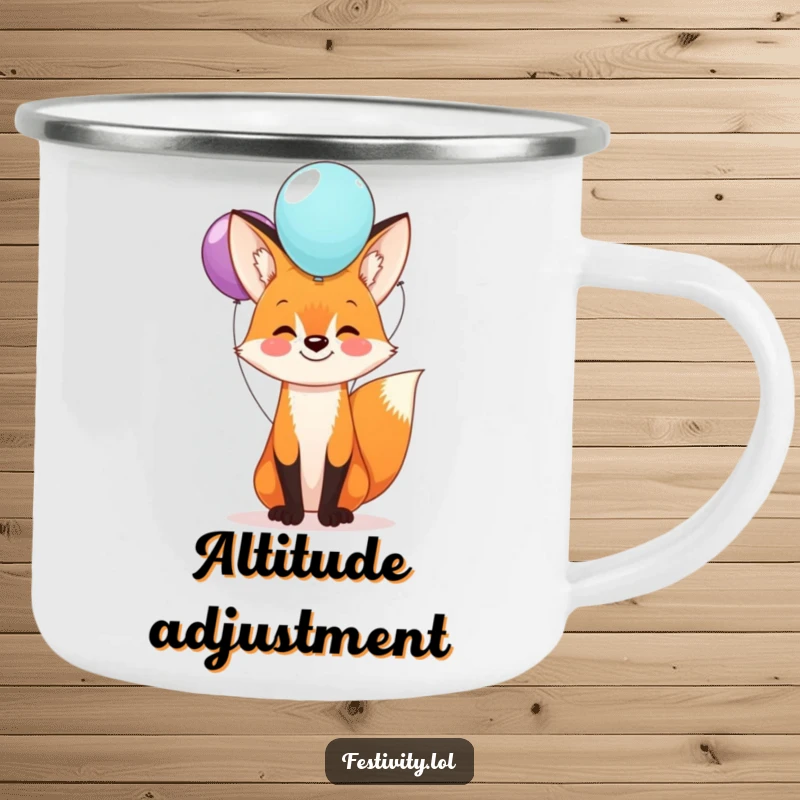 Funny fox camping mug with a happy fox balancing balloons, designed for outdoor enthusiasts who appreciate humor and a touch of whimsy.